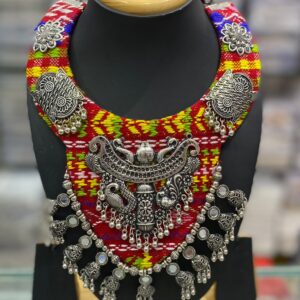 Traditional Navratri Necklace: Bold Threadwork & Silver Charm Details