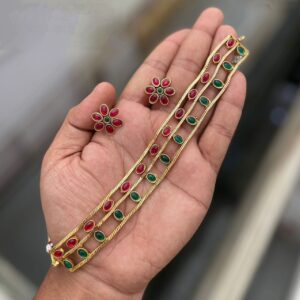 Temple-Style Gold-Plated Choker Set With Matching Flower-Stud Earrings