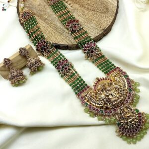 Temple‑Style Green Beaded Pearl Haram with Goddess Lakshmi Pendant & Matching Jhumkas