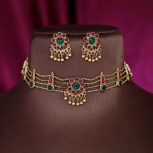 Temple-Style Matte Gold-Plated Choker Necklace Set – Available in Full Red, Full Green & Dual Red-Green Stone Variants