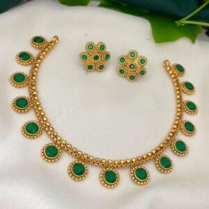 Temple‑Style Gold‑Plated Dainty Necklace Set With 5 Color Variants & Matching Floral Stud Earrings