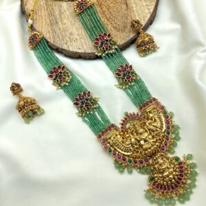 Temple‑Style Green Beaded Lakshmi Pendant Haram with Matching Jhumkas