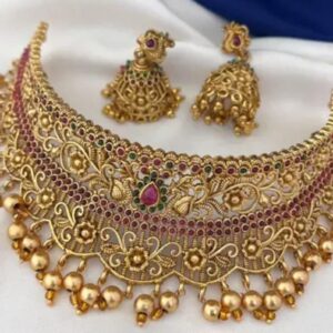 Traditional Matt Finish Gold Plated Choker Necklace Set with Earrings for Women and Girls – Bridal & Party Wear Jewelry