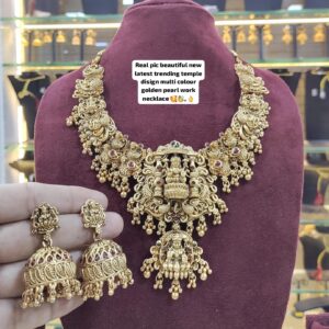 Traditional Temple Design Gold Plated Choker Necklace Set with Jhumka Earrings | Antique Multi-Color Golden Pearl Bridal Jewelry for Women & Girls