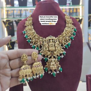 Traditional Temple Design Choker Necklace Set with Green Beads and Jhumka Earrings | Bridal & Festive Jewelry for Women