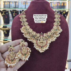 Traditional Temple Design Choker Necklace Set with White Pearls and Multicolor Stones | Bridal Jewelry Set for Women & Girls