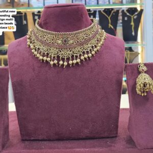 Antique Temple Design Choker Necklace Set with Multi-Color Stones & Green Beads | Gold Plated Matte Finish Jewelry with Earrings for Women