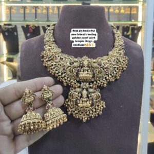 Antique Temple Design Short Necklace Set with Golden Pearl Work | Traditional Bridal Jewelry for Women