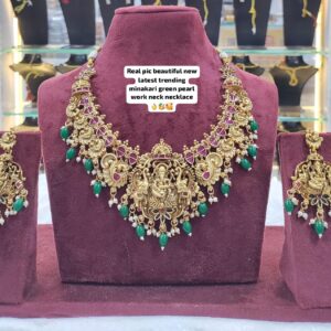 Real pic beautiful new latest trending minakari green pearl work temple design neck necklace featuring Ganeshji idol