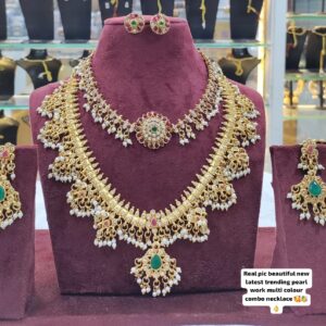 Traditional Guttapusalu Gold-Plated Pearl Work Multicolor Necklace Combo Set with 2 Earrings for Women