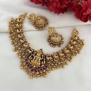 Antique Temple Jewelry Necklace Set with Lakshmi Motif | Gold Plated South Indian Bridal Choker with Kemp Stones & Earrings