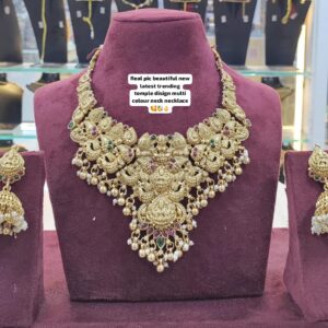 Heavy Temple Design Multicolour Necklace Set | Antique Gold-Plated Bridal Jewellery with Kemp Stones & Jhumka Earrings