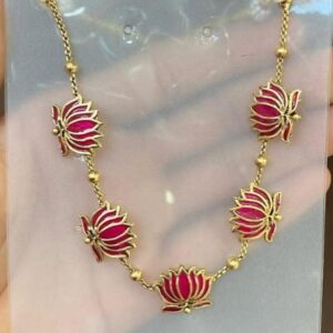 Women's Lotus Design Necklace Set with Earrings | Enamel Gold Plated Choker Jewelry for Girls & Women | Available in Green & Pink Color