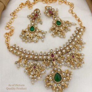 Traditional Guttapusalu Necklace Set with Green & Red Stones | Gold-Plated Copper Pearl Work Necklace with Earrings for Women
