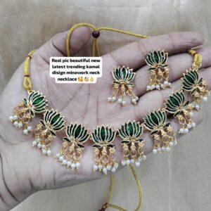 Lotus Design Choker Necklace Set for Women & Girls | Mina Work Traditional Jewelry with Earrings | Pink, Green & Dual-Tone Colours | Festive Ethnic Wear