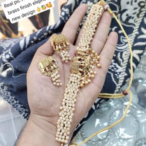 Traditional Elephant Motif Choker Necklace Set for Women with White Pearls | Heavy Brass Finish Jewelry | Temple Style Ethnic & Bridal Wear