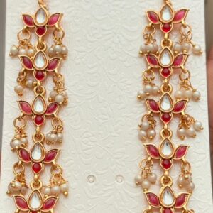 Designer Kanchain Ear Chains for Women | Gold Plated Matte Finish with Red & White Kundan and Pearls | Traditional Kaan Chain for Jhumka Support
