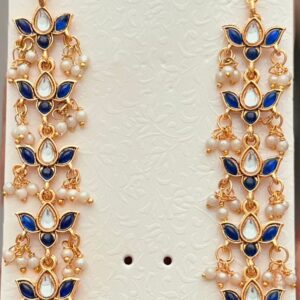 Designer Blue Kanchain Ear Chains for Women | Gold Plated Matte Finish with Kundan Stones & Pearl Danglers | Traditional Indian Earring Support Chain