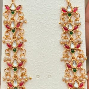 Red Green Kanchain Ear Chains for Women | Dual Tone Gold Plated Matte Finish with Kundan Stones & Pearl Drops | Traditional Indian Earring Support Chain