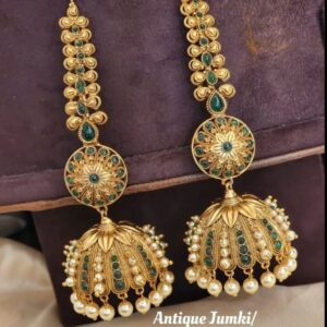 Big Size Antique Gold Jhumki Earrings for Women | Green Stone & Pearl Traditional Temple Jewelry | Ethnic Indian Festive Earrings