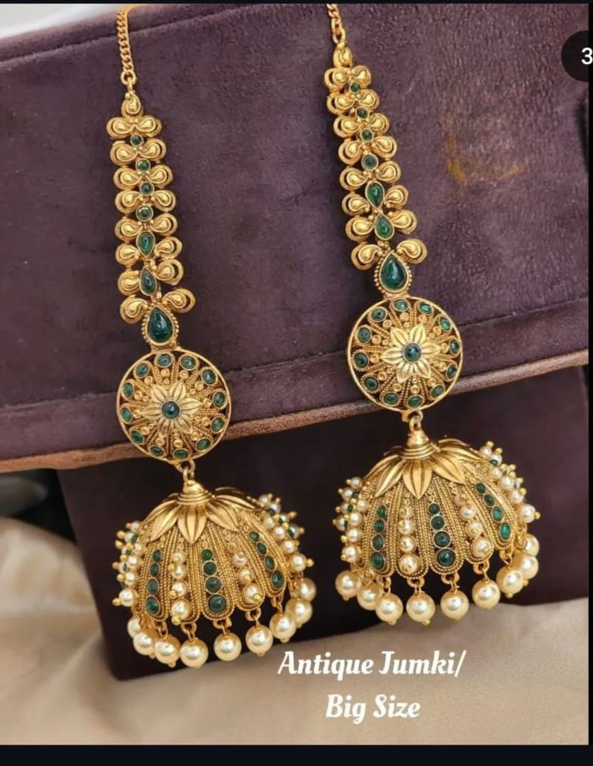 Big Size Antique Gold Jhumki Earrings for Women | Green Stone & Pearl Traditional Temple Jewelry | Ethnic Indian Festive Earrings