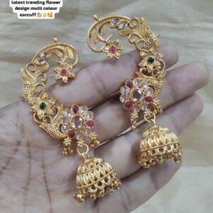 Traditional Gold-Plated Floral Earcuff Earrings for Women and Girls | Multi-Color Stone Work | Jhumka Design | Ethnic Party & Wedding Wear Jewelry