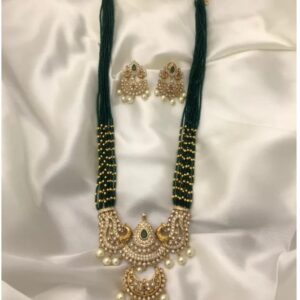 Elegant Green Beaded Mala Necklace Set with Peacock-Inspired Pendant & Earrings