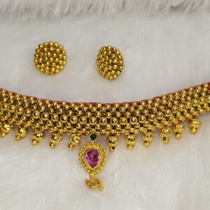 Maharashtrian Gold Plated Thushi Necklace Set with Pink Stone Pendant & Stud Earrings