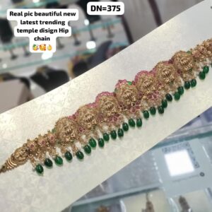 Temple Jewelry Hip Chain for Women | Gold Plated Goddess Laxmi Kamarbandh with Green Beads | Traditional South Indian Bridal Waist Belt