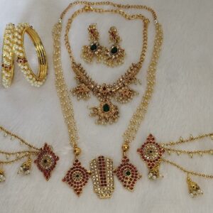 Traditional Guttapusalu Necklace Set with Shankh Chakra Namam Mala, Pearl Bangles & Jhumka Ear Chains – South Indian Bridal Jewellery Combo for Women