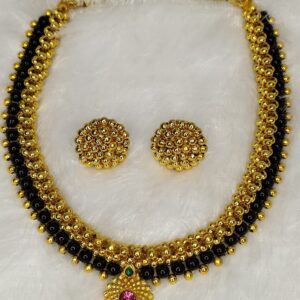Maharashtrian Black Bead Thushi Necklace with Pink Pendant & Earrings
