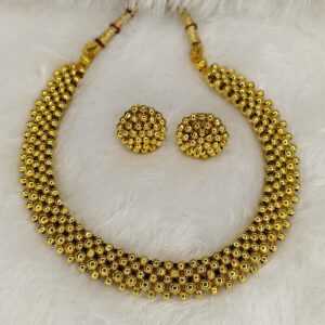 Maharashtrian Plain Gold Beaded Thushi Necklace Set | Traditional Choker with Stud Earrings
