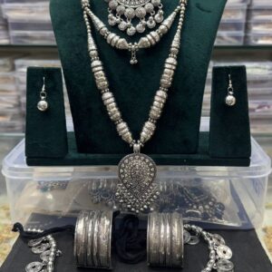 Navratri Special Oxidized Silver Jewellery Combo Set – Necklace, Choker, Earrings, Bangles, Waist Belt & Finger Ring