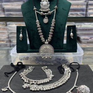 Navratri Oxidized Silver Jewellery Combo Set – Necklace, Choker, Earrings, Waist Belt, Anklets & Finger Ring