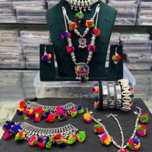 Navratri Oxidized Silver Pom-Pom Jewellery Combo Set with Necklace, Choker, Earrings, Bangles, Anklets & Maang Patti