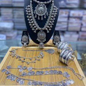 Navratri Oxidized Silver Heavy Jewellery Combo Set – Necklace, Earrings, Waist Belt, Long Haar & Bangles