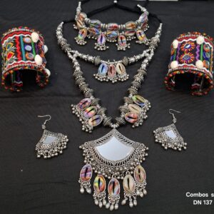 Navratri Tribal Oxidized Jewellery Combo Set with Cowrie Shells, Mirror Work & Embroidered Cuffs