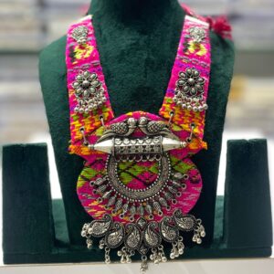 Festival Special Oxidized Silver Necklace with Bright Pink Multicolor Thread Work – Garba Jewellery