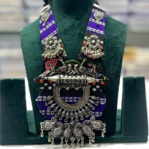 Oxidized Silver Tribal Necklace with Purple-Black Thread Work – Navratri Garba Jewellery