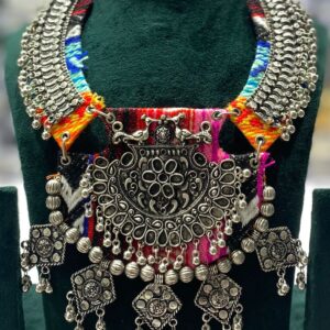 Handcrafted Oxidised Silver Tribal Necklace with Multicolor Fabric Work & Hanging Charms – Festival Jewellery for Girls