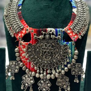Oxidized Silver Tribal Necklace with Antique Pendant & Red-Blue Thread Work – Navratri Jewellery for Women