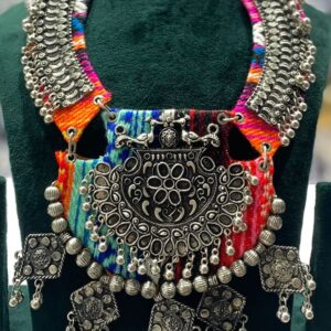 Handmade Oxidized Silver Necklace with Antique Pendant & Rainbow Multicolor Thread – Navratri Garba Jewellery for Women