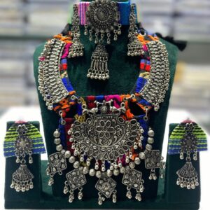 Oxidized Silver Jewellery Set with Antique Pendant & Pink-Yellow Thread Work – Necklace, Earrings & Choker for Navratri Women
