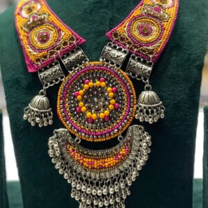 Handmade Beaded Oxidized Necklace with Long Pendant – Navratri & Festive Jewellery