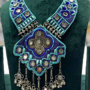 Handmade Blue Beaded Oxidized Necklace with Mirror Work & Pendant – Navratri Jewellery