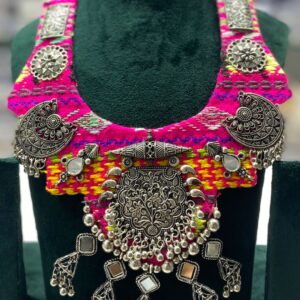 Boho Tribal Statement Necklace for Navratri | Multicolor Fabric Base with Antique Silver Charms & Mirror Accents | Garba & Dandiya Jewellery