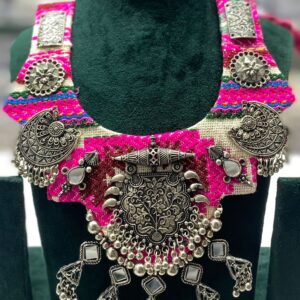 Ethnic Navratri Statement Necklace | Beige & Pink Fabric Base with Antique Silver Motifs & Mirror Charms | Dandiya/Garba Jewellery for Women