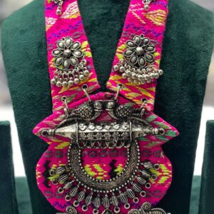 Boho Tribal Navratri Necklace for Women | Pink-Yellow Ikat Fabric with Antique Silver Dangler Pendant | Handmade Dandiya/Garba Jewelry