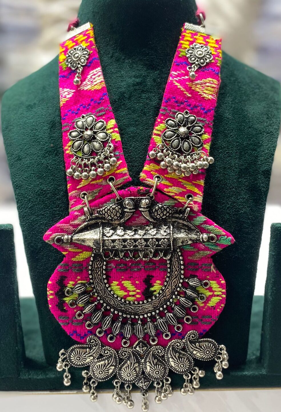 Boho Tribal Navratri Necklace for Women | Pink-Yellow Ikat Fabric with Antique Silver Dangler Pendant | Handmade Dandiya/Garba Jewelry