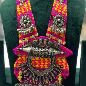 Handcrafted Navratri Tribal Necklace | Pink-Yellow Ikat Fabric with Oxidized Silver Bird Pendant & Leaf Danglers | Festive Garba Jewellery for Women
